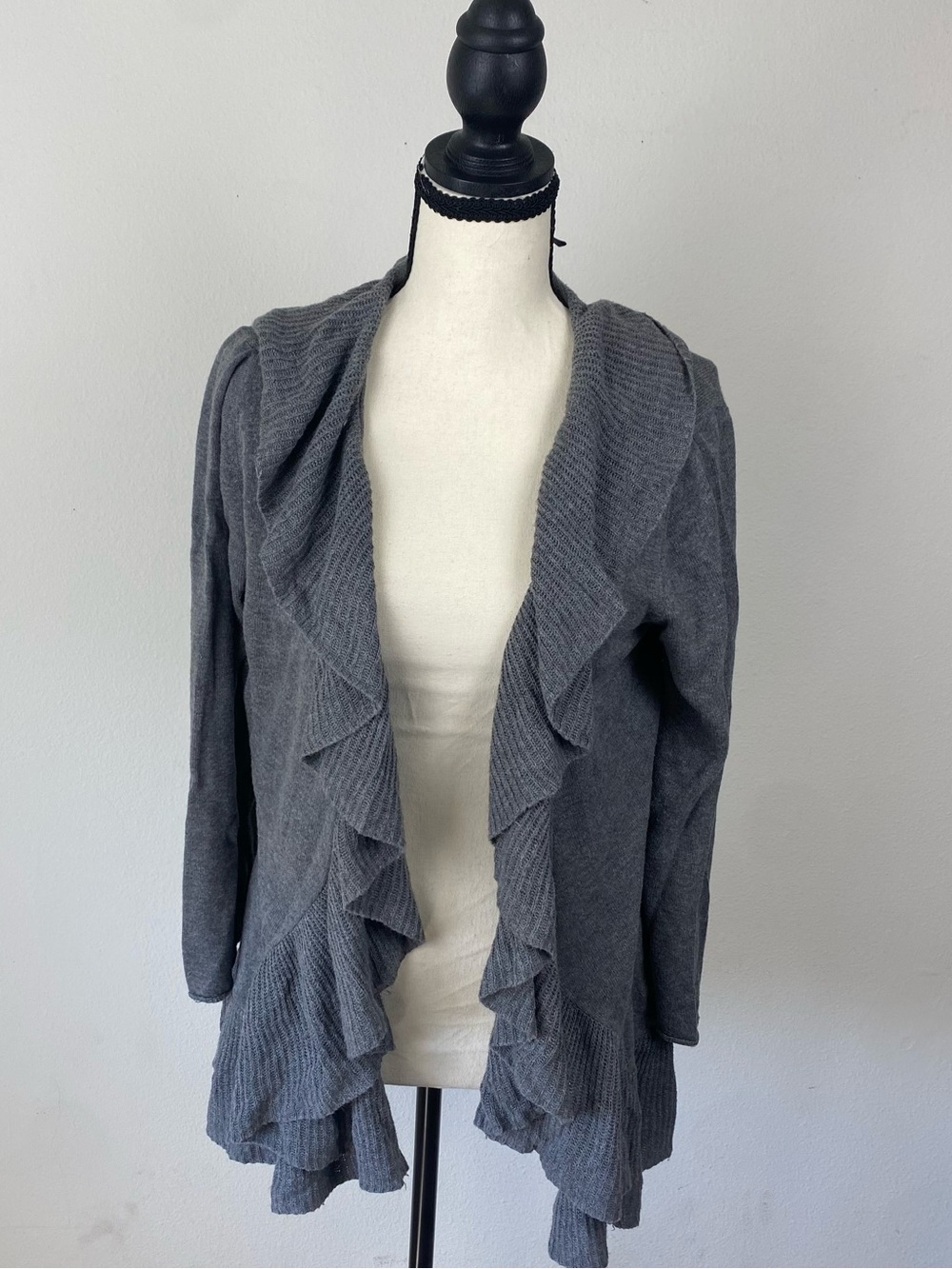 Gray Ruffle Open-Front Women's Sweater Cardigan